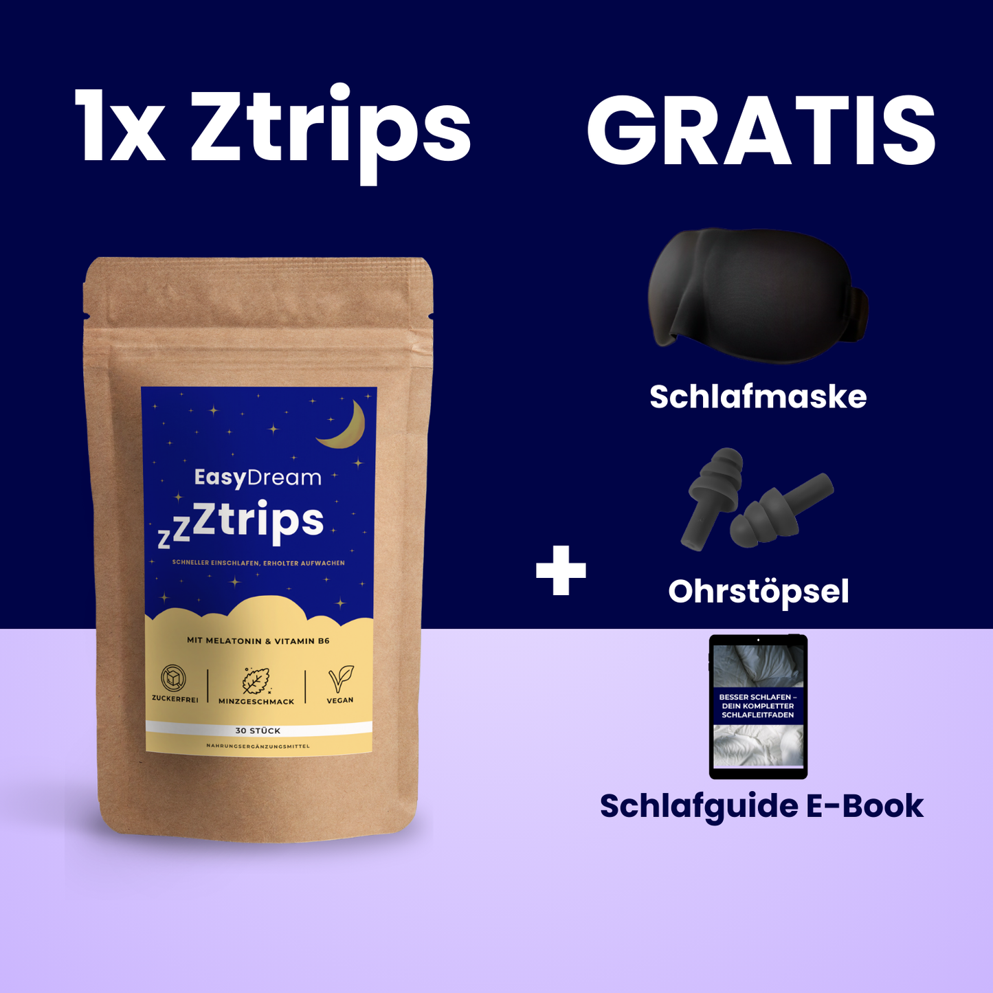 1 Packung Ztrips + GRATIS Schlafmaske, Ohrstöpsel, E-Book